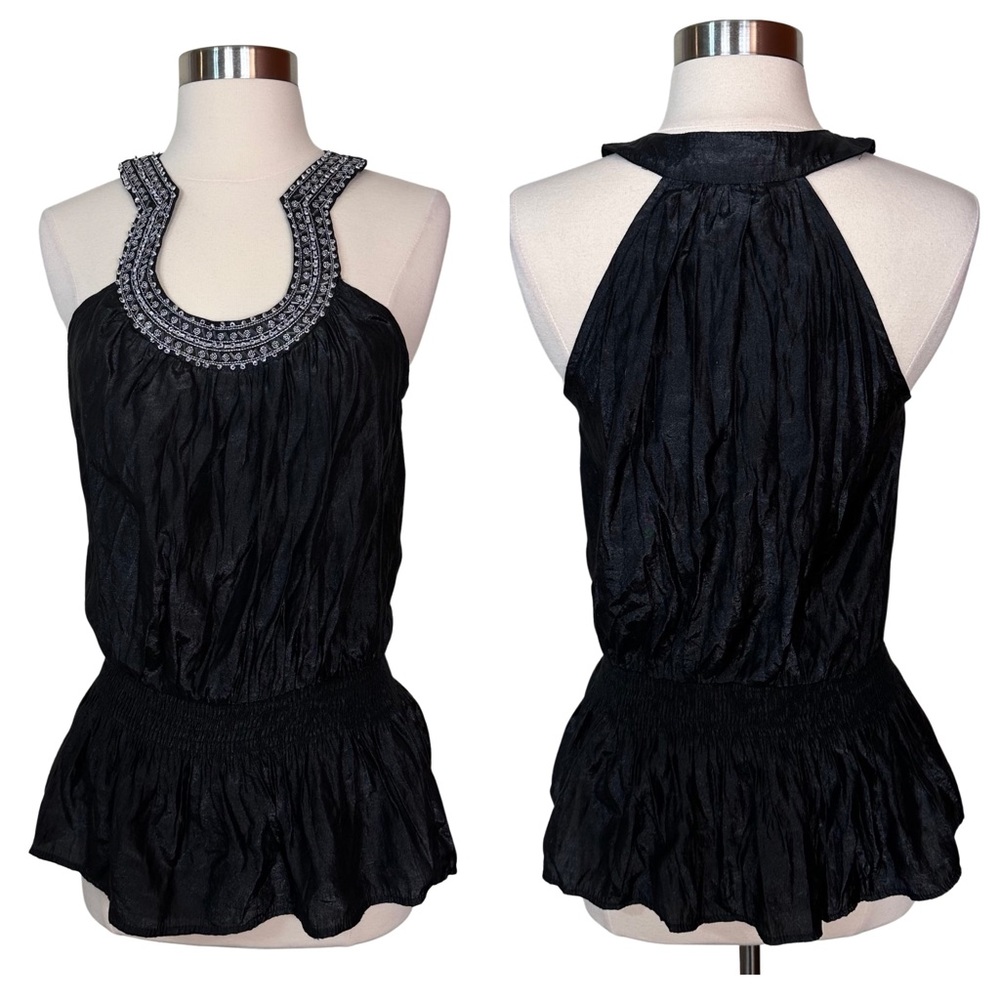 Solaris Black Beaded Metallic Embroidered Taffeta Peplum Sleeveless Blouse Top M
